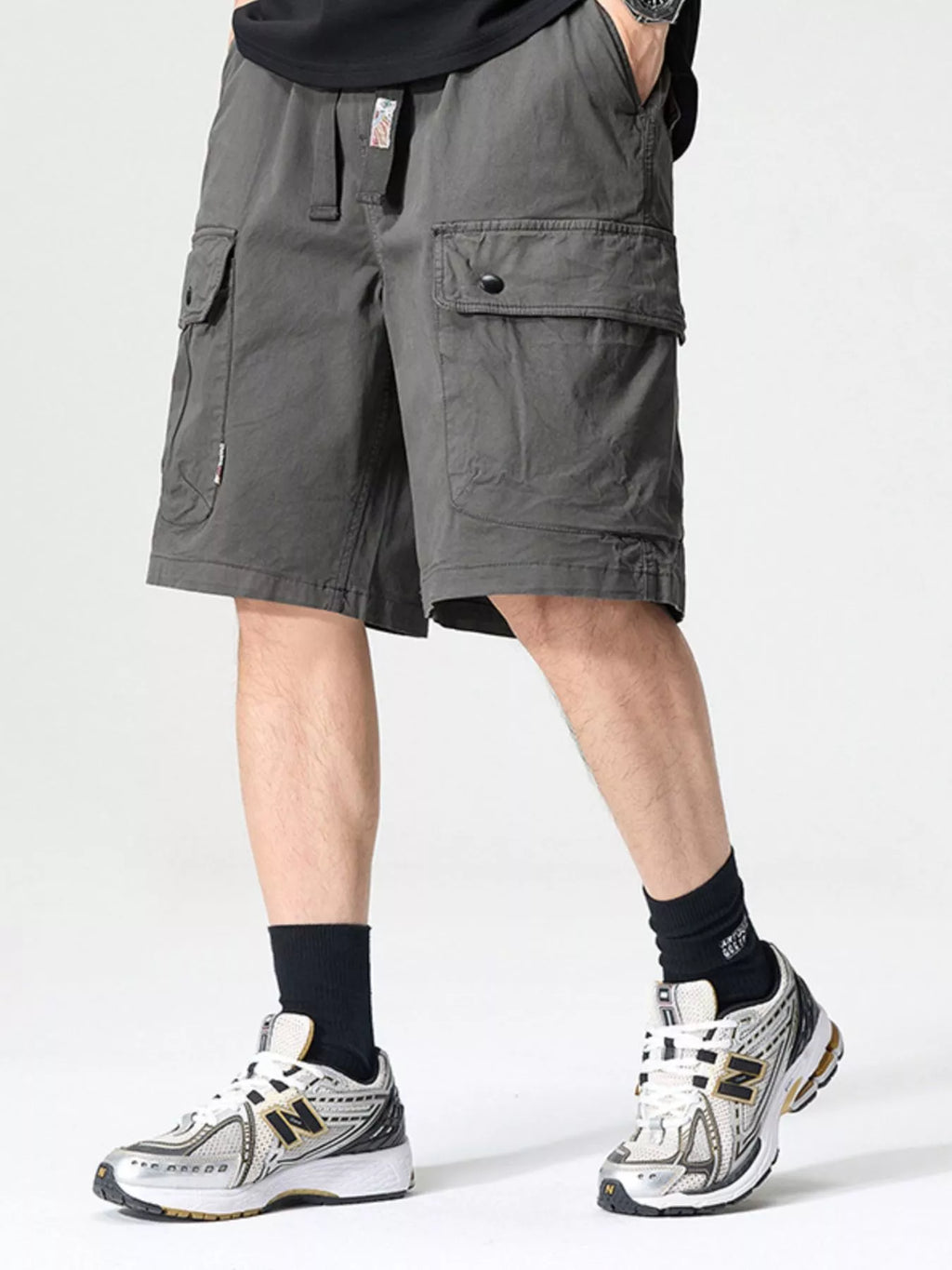 Drawstring Loose Fit Shorts Plus Size in Black in Medium Gray for Men