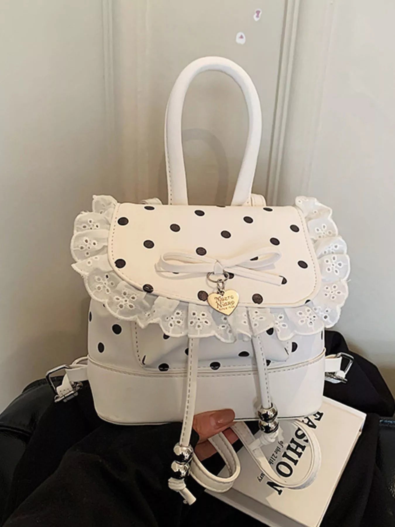 Polka Dot Lace Trim Backpack Bag in Black for Women