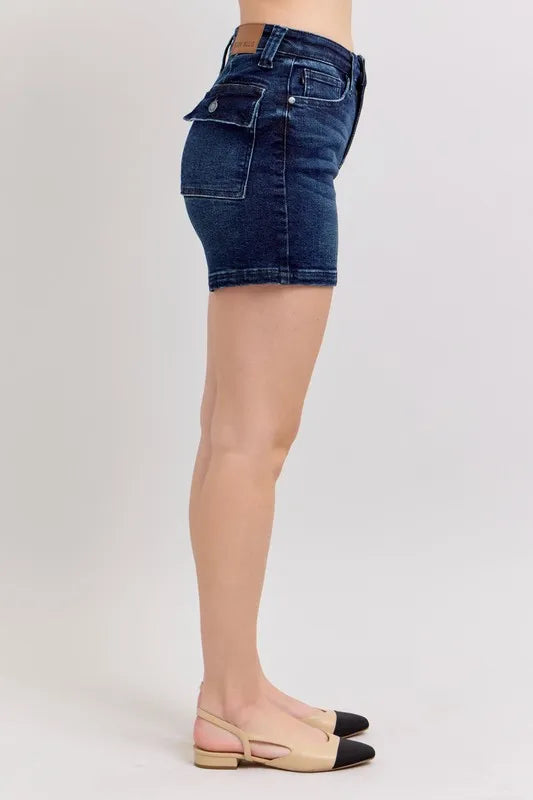 High Waist Back Flap Pocket Denim Shorts Plus Size in Md for Women