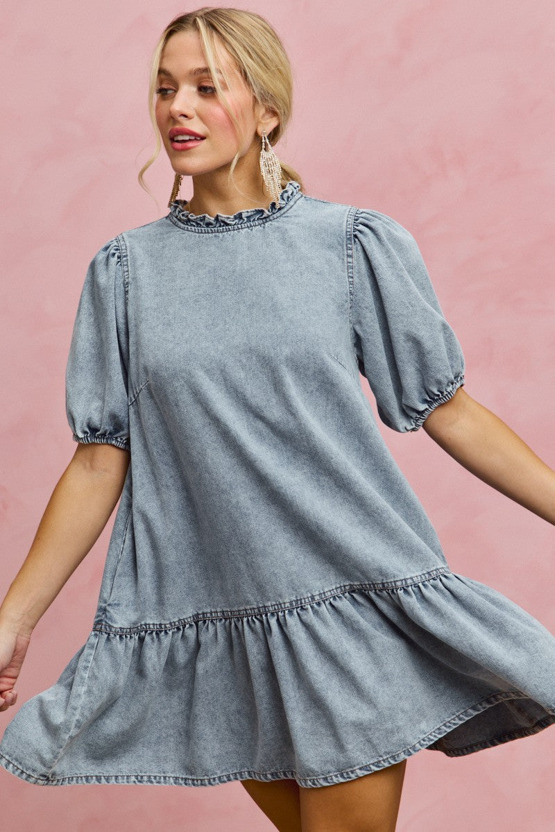Denim Short Sleeves Mini Tiered Dress for Women