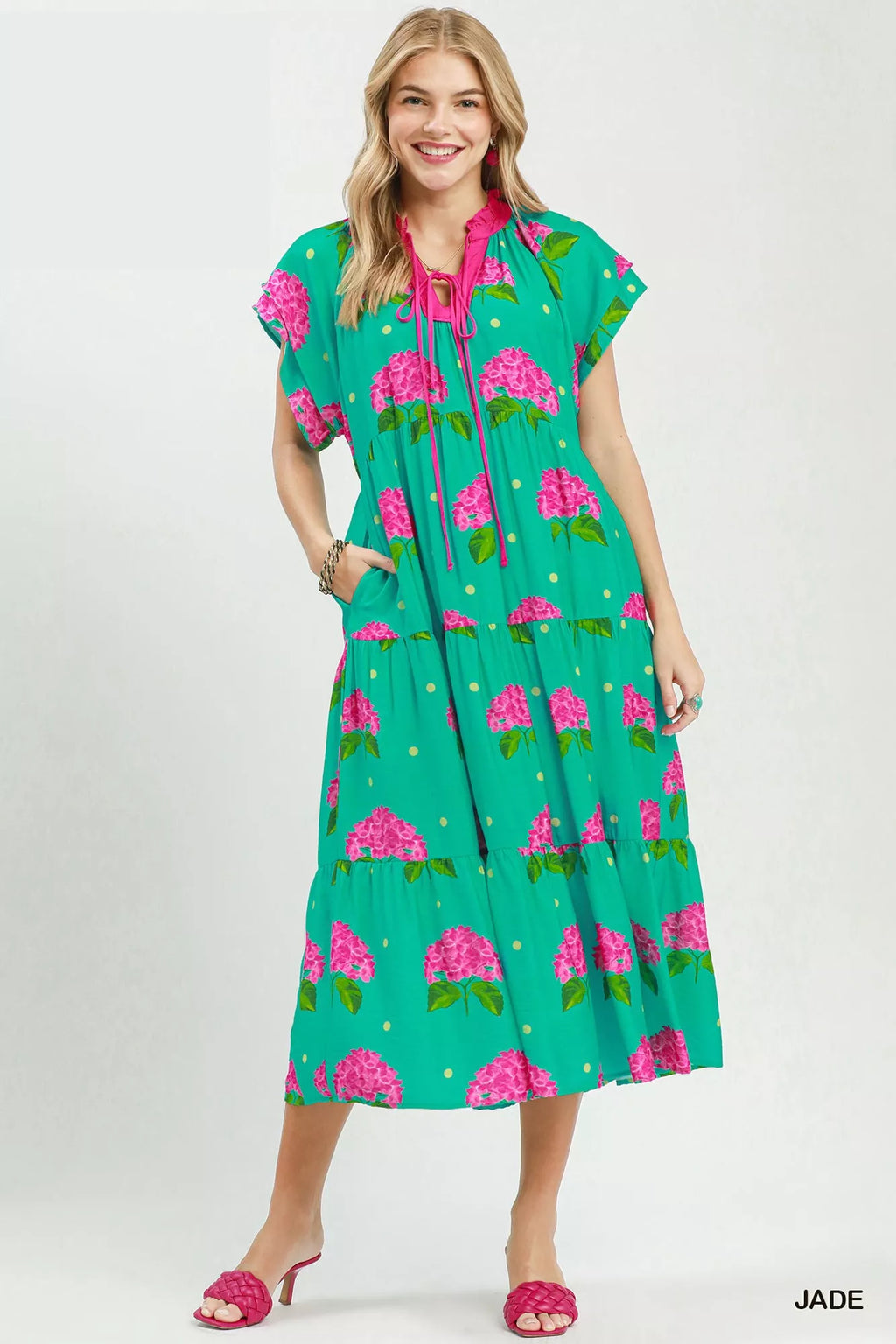 Hydrangea Print Tiered Midi Dress in Jade for Women