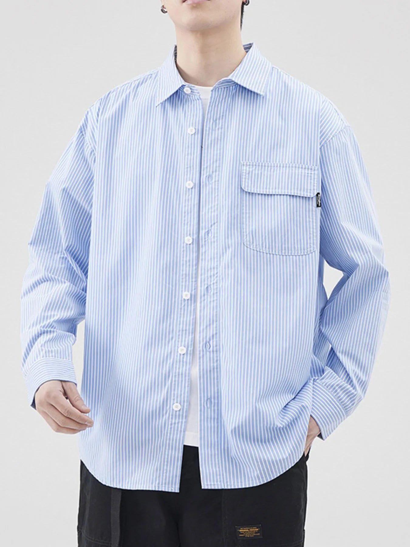 Plus Size Striped Button Up Long Sleeve Shirt in Blue for Men