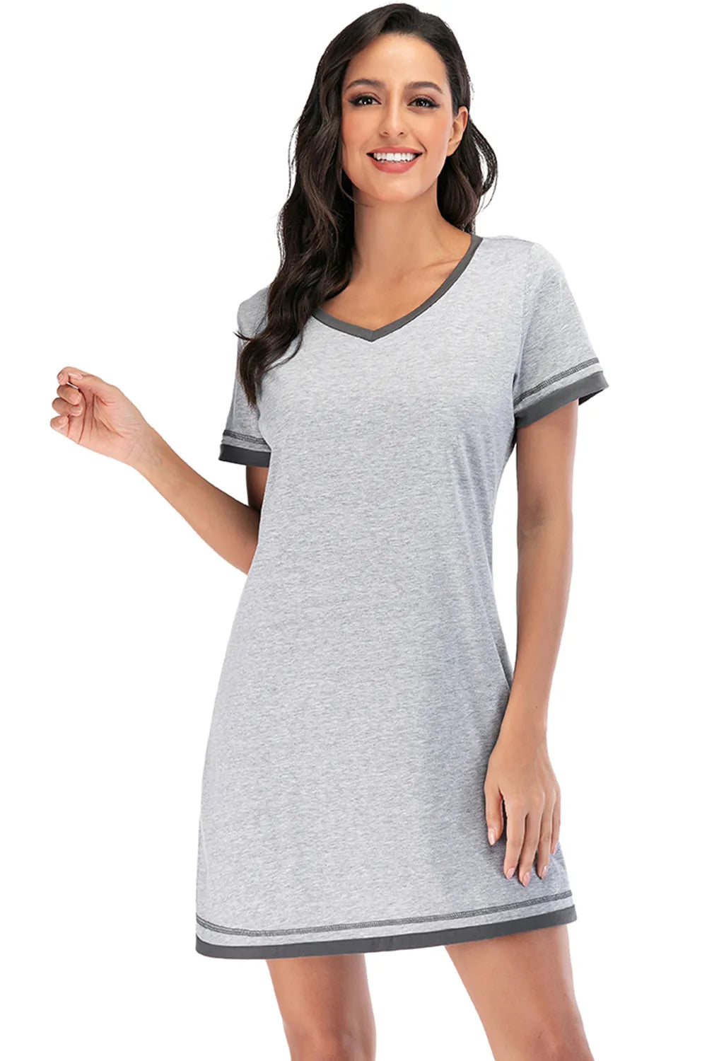 Contrast Trim Short Sleeve Lounge Dress in Burgundy for Women