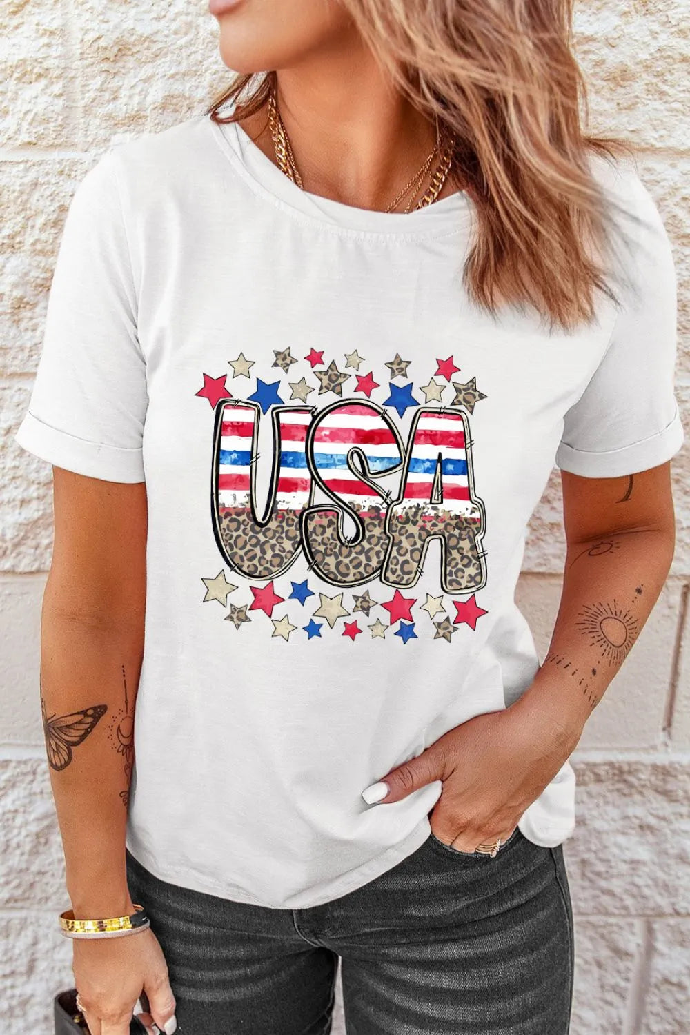 Patriotic Star Leopard USA Letter Graphic T-Shirt in White for Women