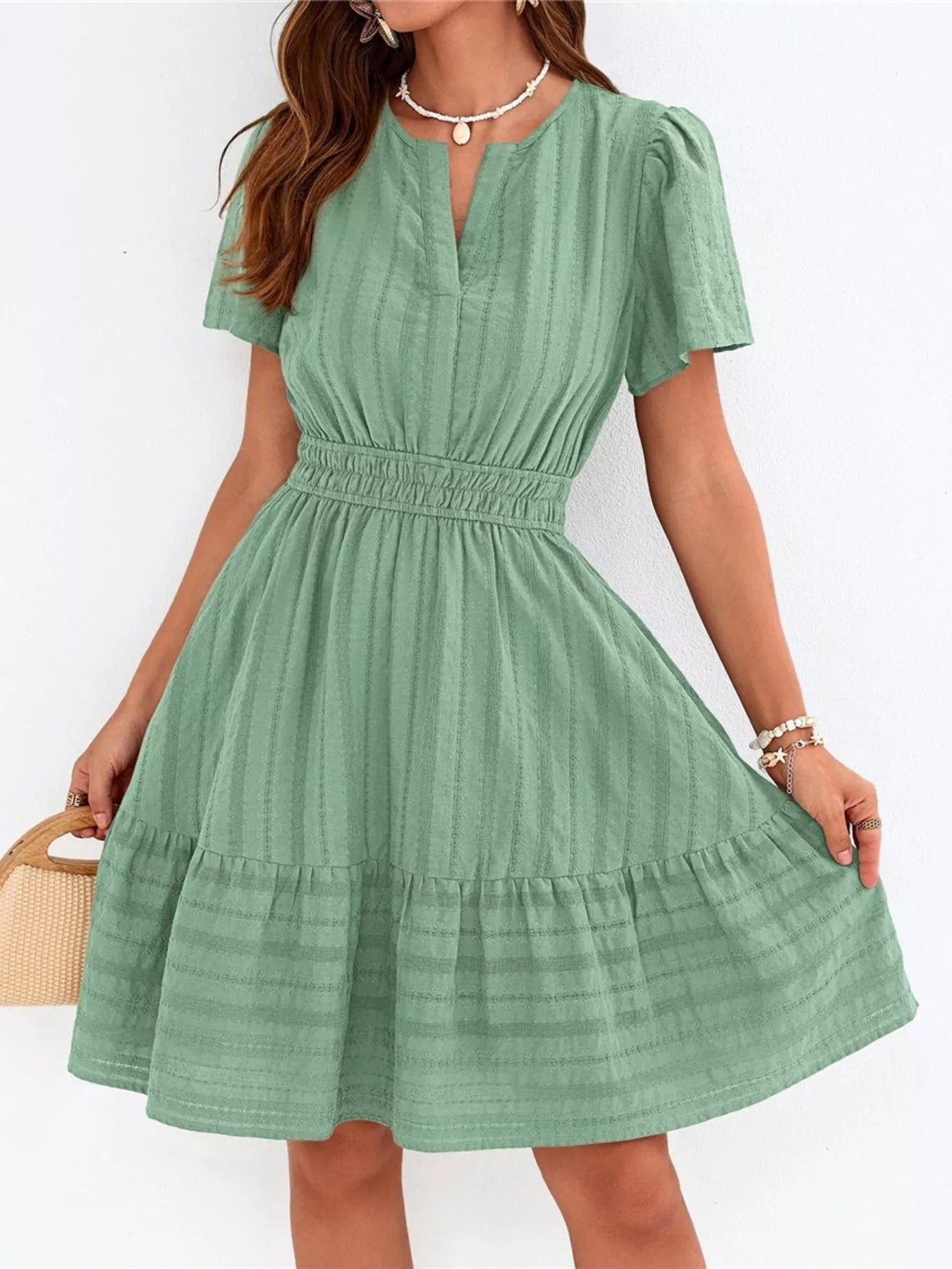 Short Sleeve Smocked Waist Tiered Dress in Yellow for Women