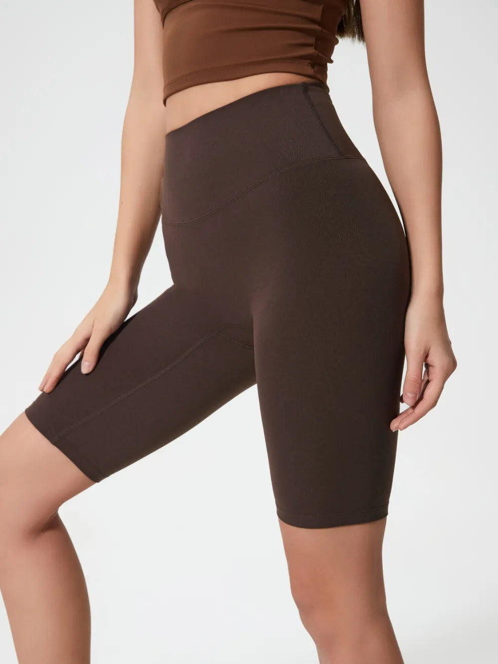 High Rise Wide Waistband Active Shorts in Dark Brown in Light Blue for Women
