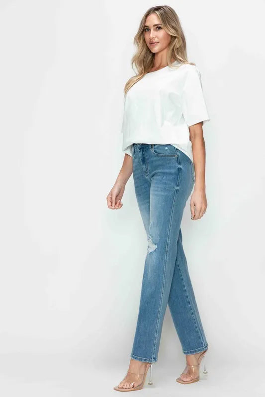 Plus Size Distressed High Rise Straight Jeans in Medium for Women