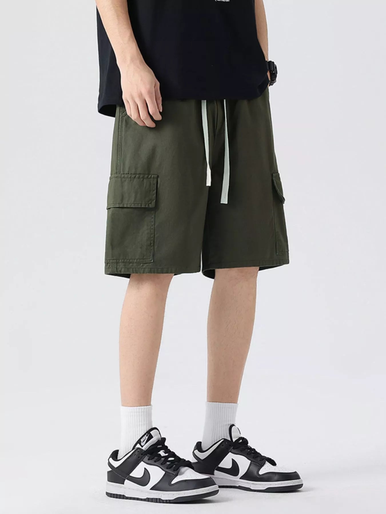 Drawstring Loose Fit Shorts Plus Size in Military Green in Khaki for Men