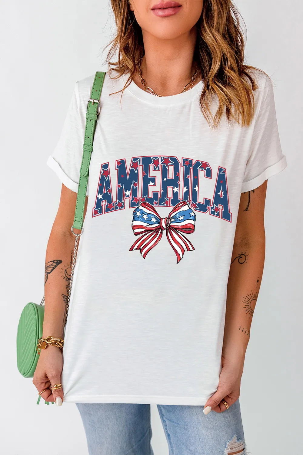 America Round Neck Short Sleeve T-Shirt in White for Women