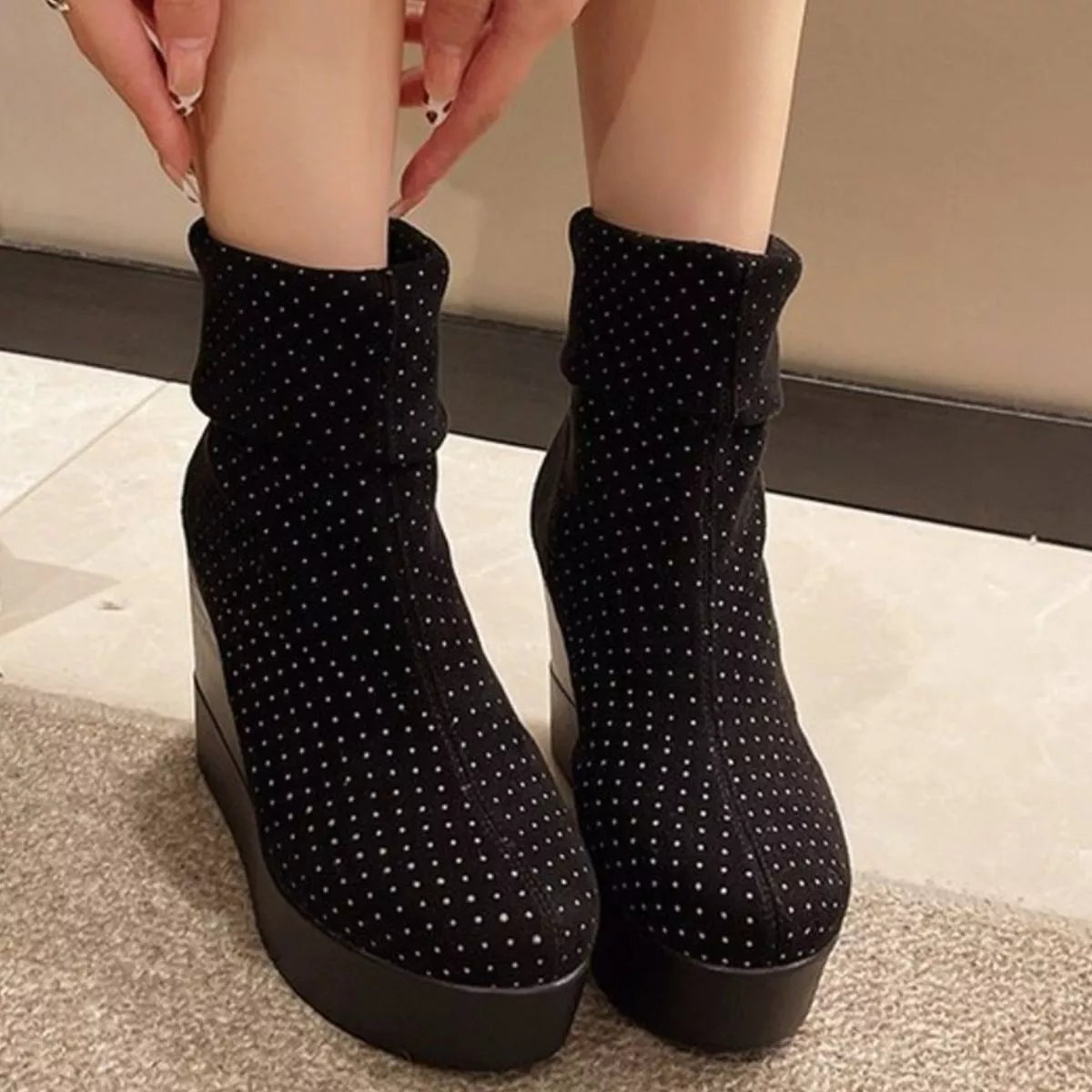 Round Toe Wedge Boots in Black for Women