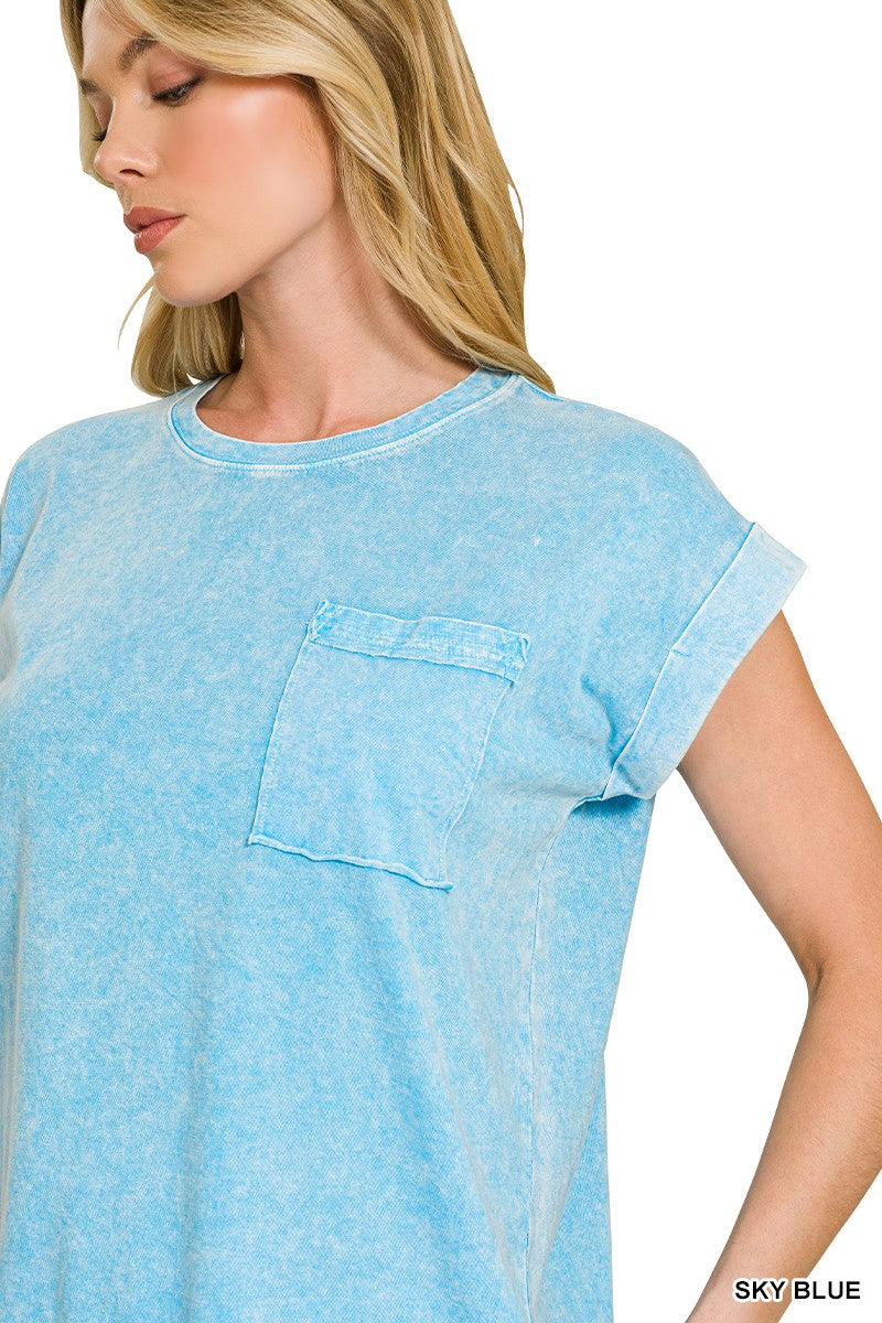 Halo Snow Washed Cuffed Short Sleeve Tee in Sky Blue for Women