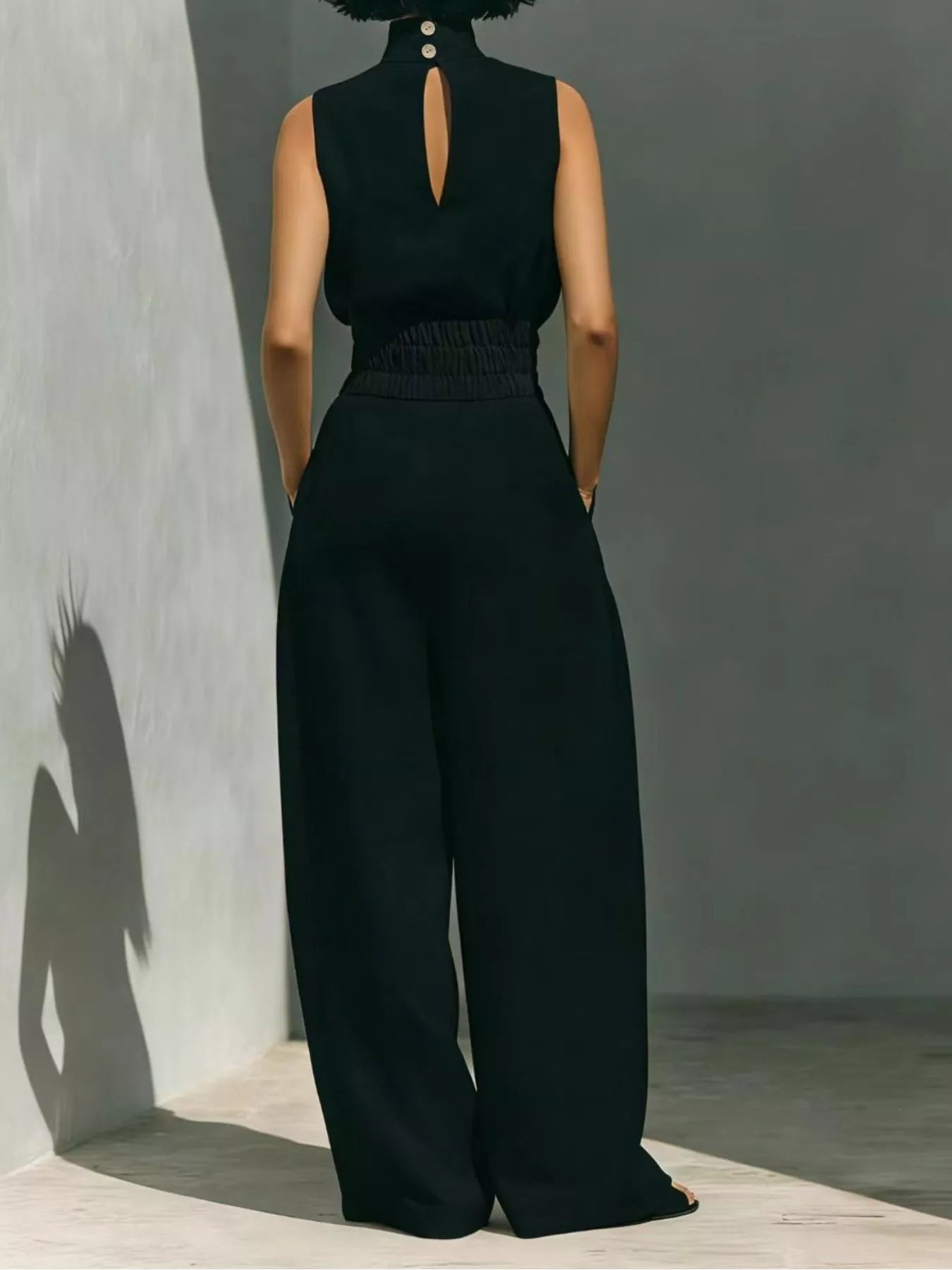 Turtleneck Sleeveless Top and Wide Leg Pants Set in Sky Blue for Women