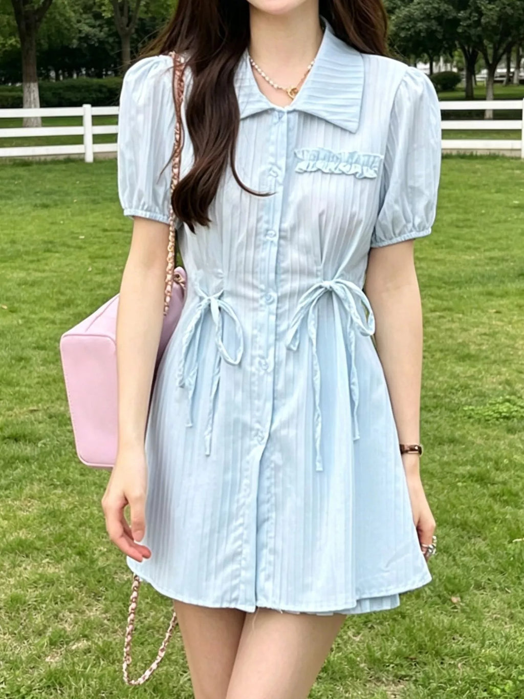 Tied Button Up Shirt and Shorts Set in Light Blue for Women
