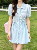 Tied Button Up Shirt and Shorts Set in Light Blue for Women