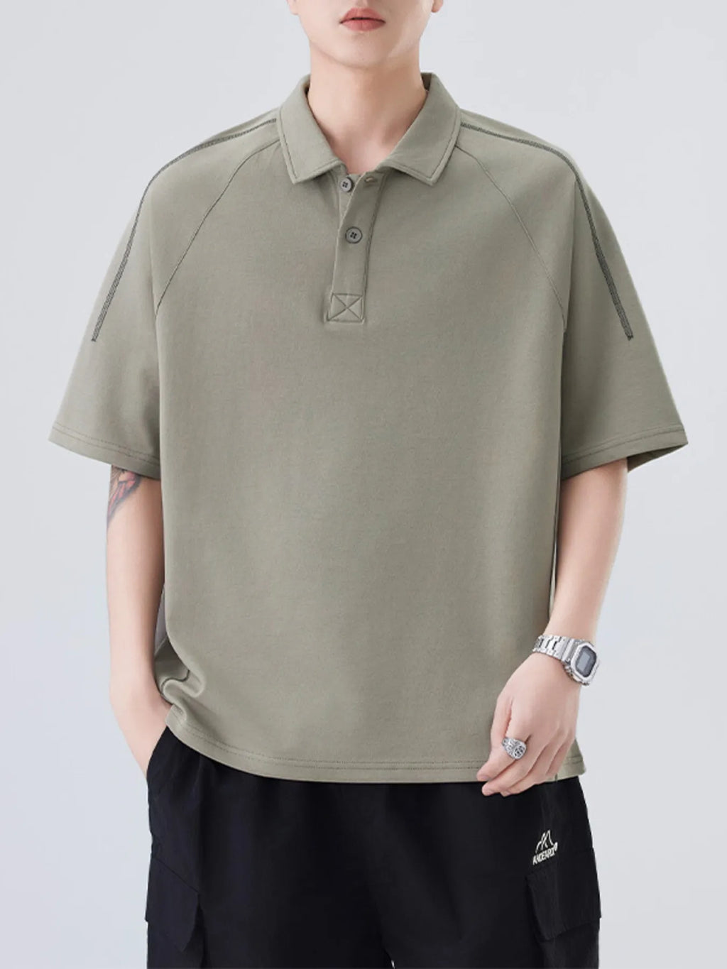 Plus Size Button Detail Short Sleeve Polo in Classic in Black for Men