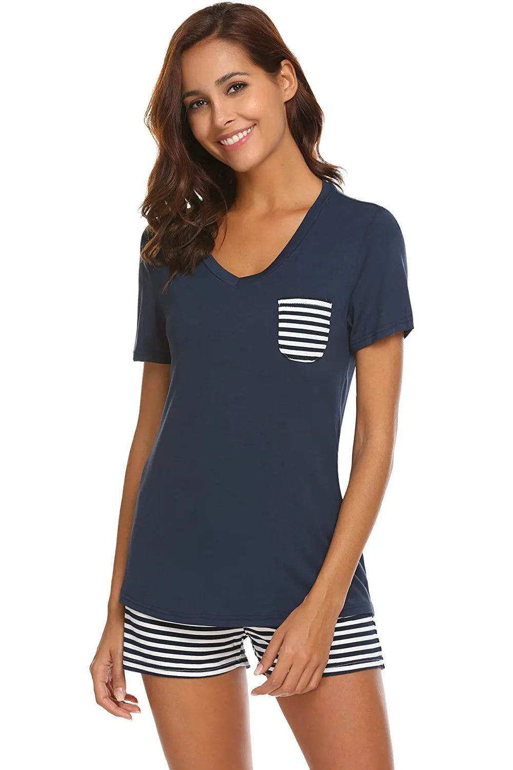Striped Short Sleeve Top and Shorts Lounge Set in Dark Blue for Women