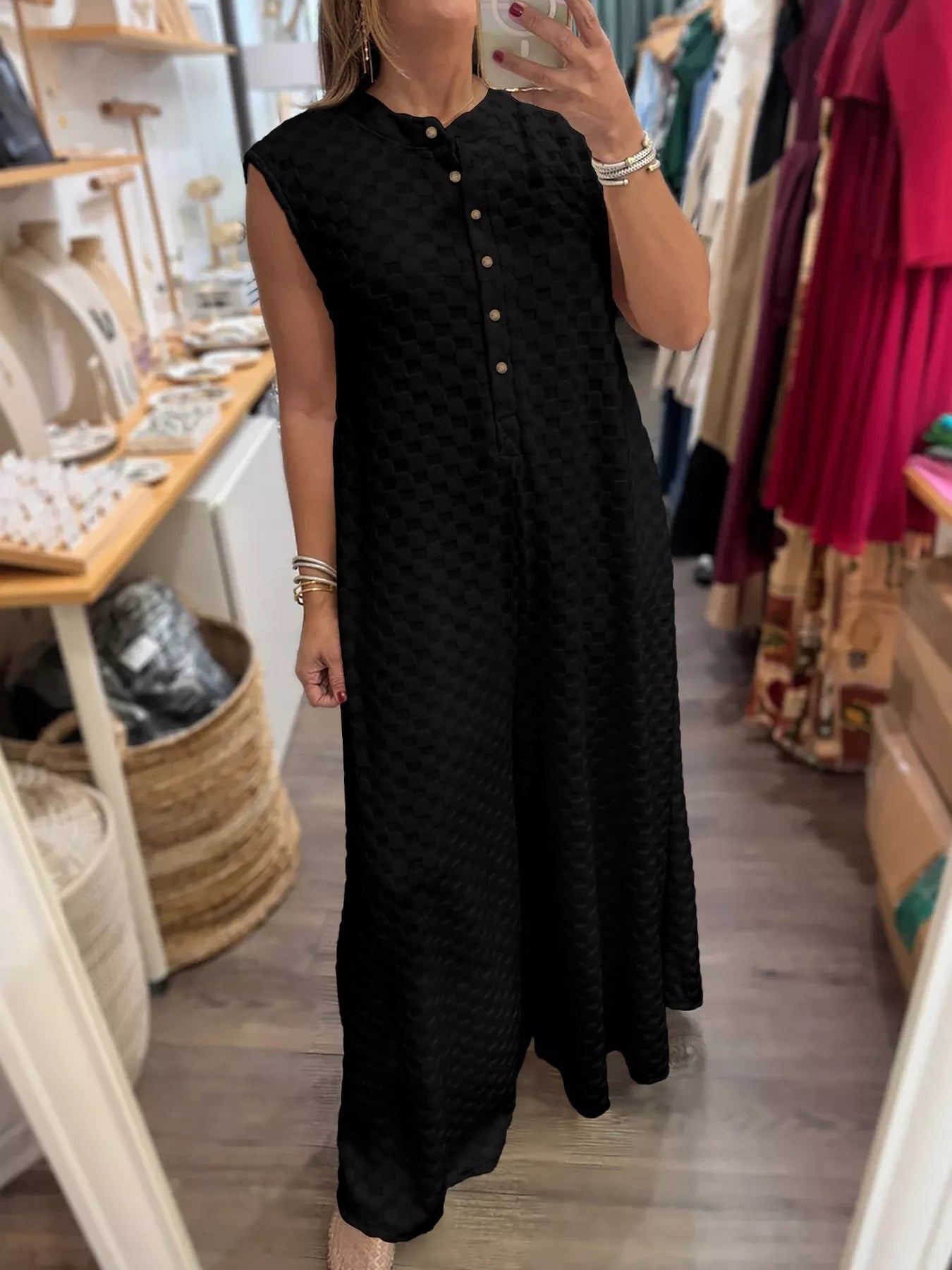 Checkered Sleeveless Wide Leg Jumpsuit in Black for Women