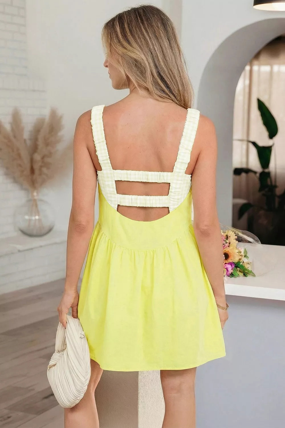 Faux Two Piece Gingham Contrast Patchwork Loose Mini Dress in Light Yellow for Women
