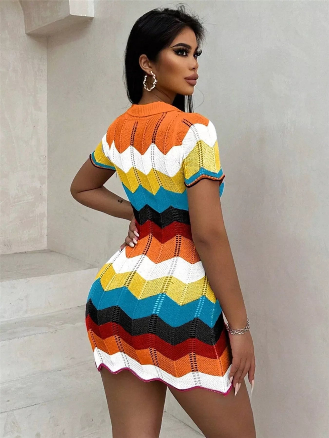 Chevron Knit Short Sleeve Sweater Dress in Orange for Women