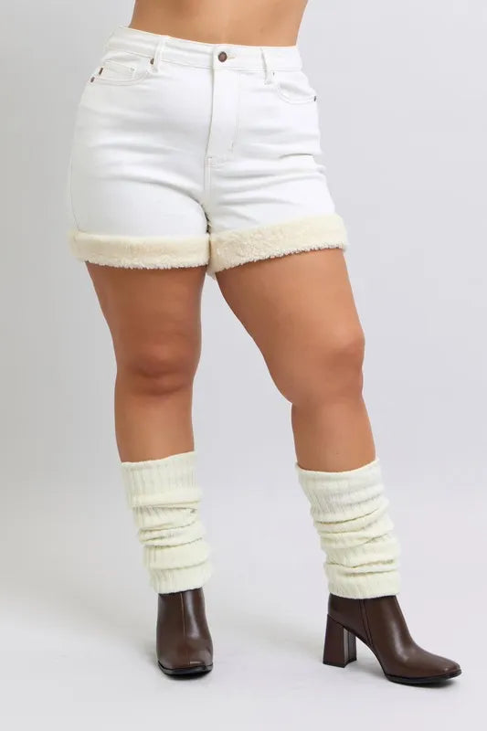 High Waist Shearling Cuff Denim Shorts Plus Size in Wht for Women