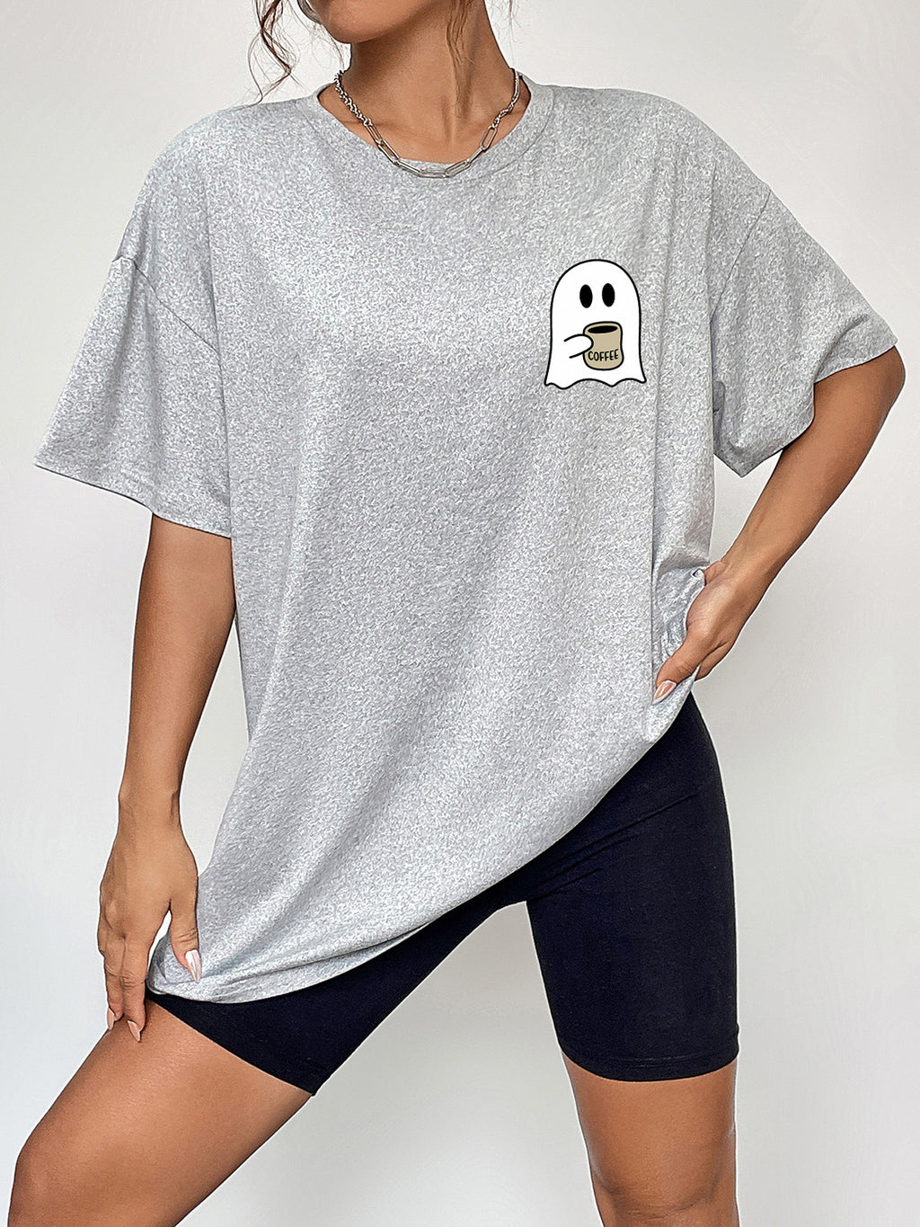 Round Neck Short Sleeve Ghost Graphic T-Shirt in Cloudy Blue for Women