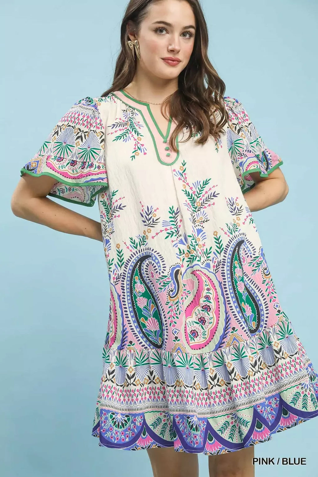 Paisley Flutter Sleeve Mini Dress in Pink Blue for Women
