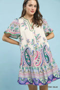 Paisley Flutter Sleeve Mini Dress in Pink Blue for Women