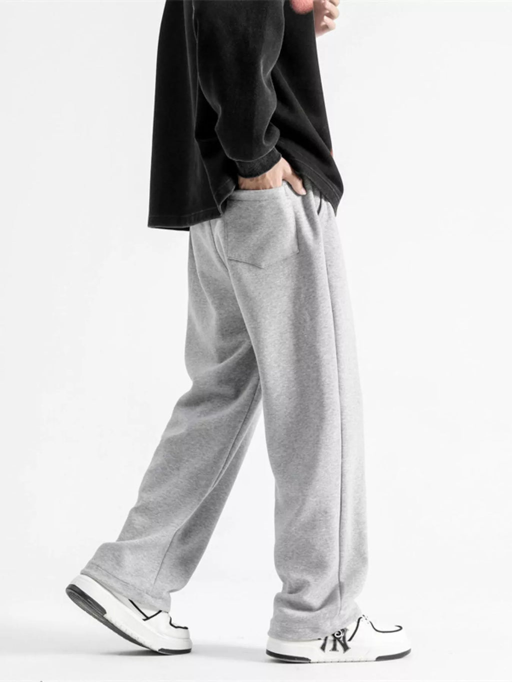 Drawstring Wide Leg Pants Plus Size in Black in Light Gray for Men
