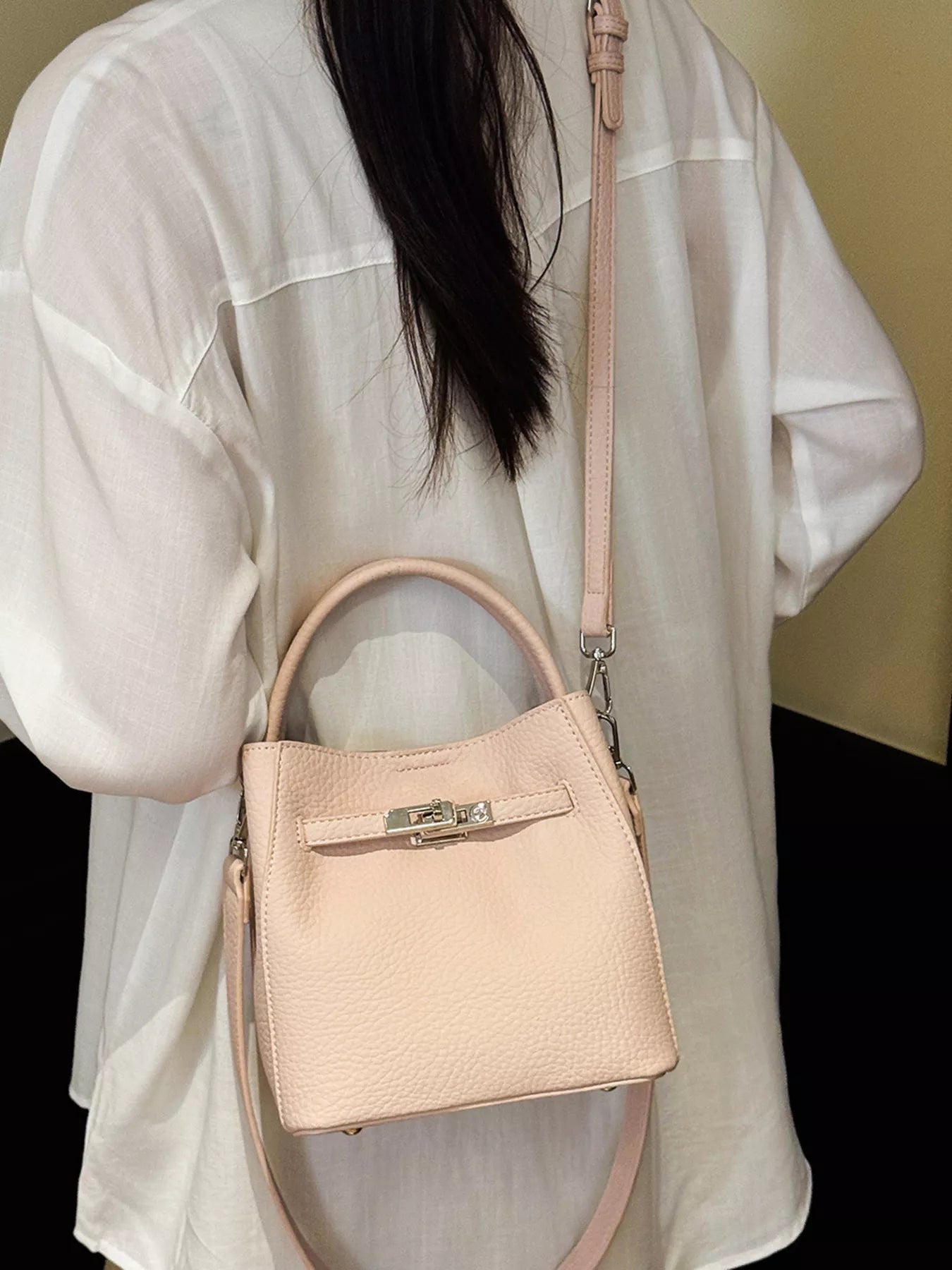 Leather Bucket Crossbody Bag in Blush Pink for Women