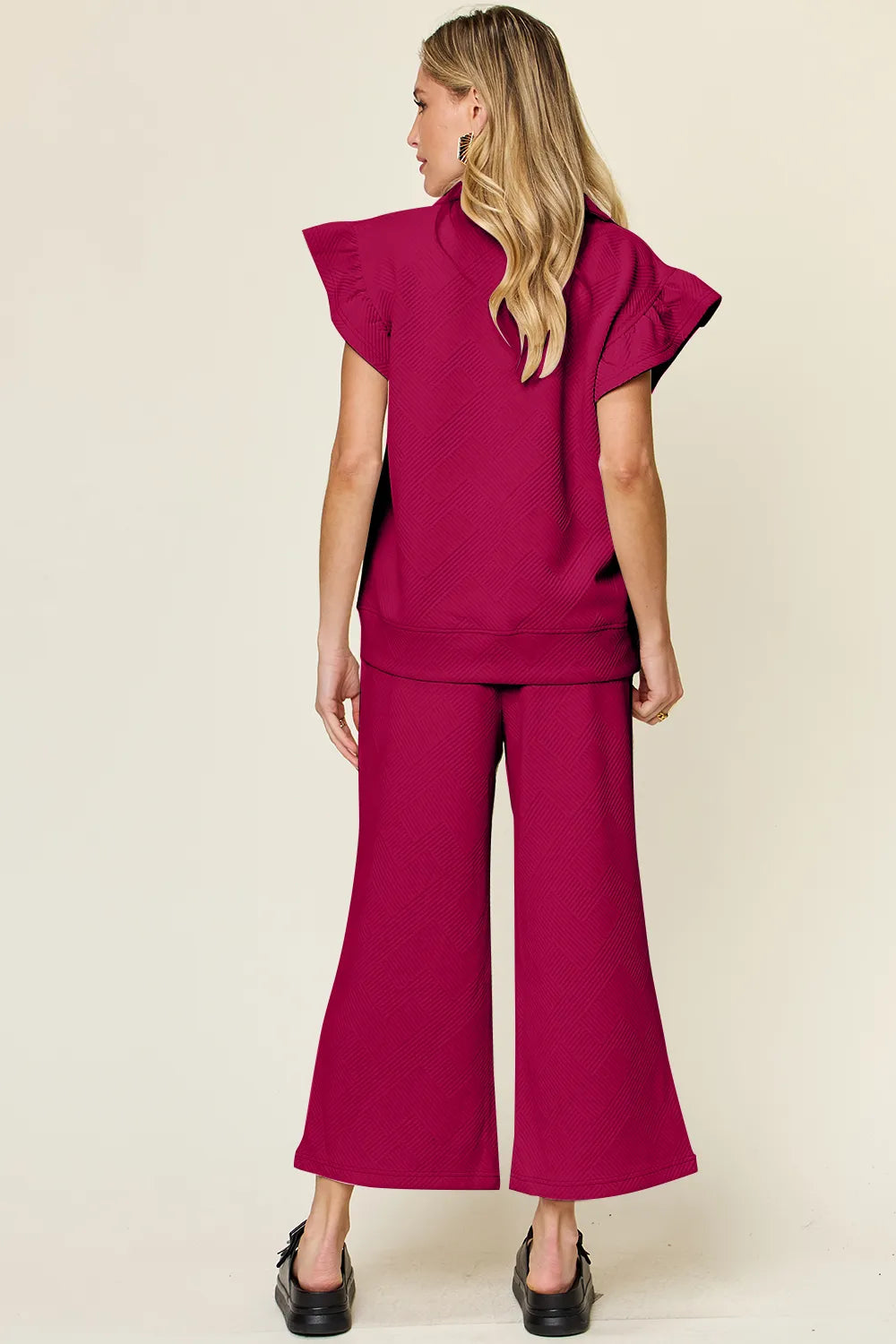 Texture Ruffle Short Sleeve Top and Drawstring Wide Leg Pants Set in Pink for Women