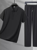 Plus Size Button Detail Polo and Pants Set in Black for Men
