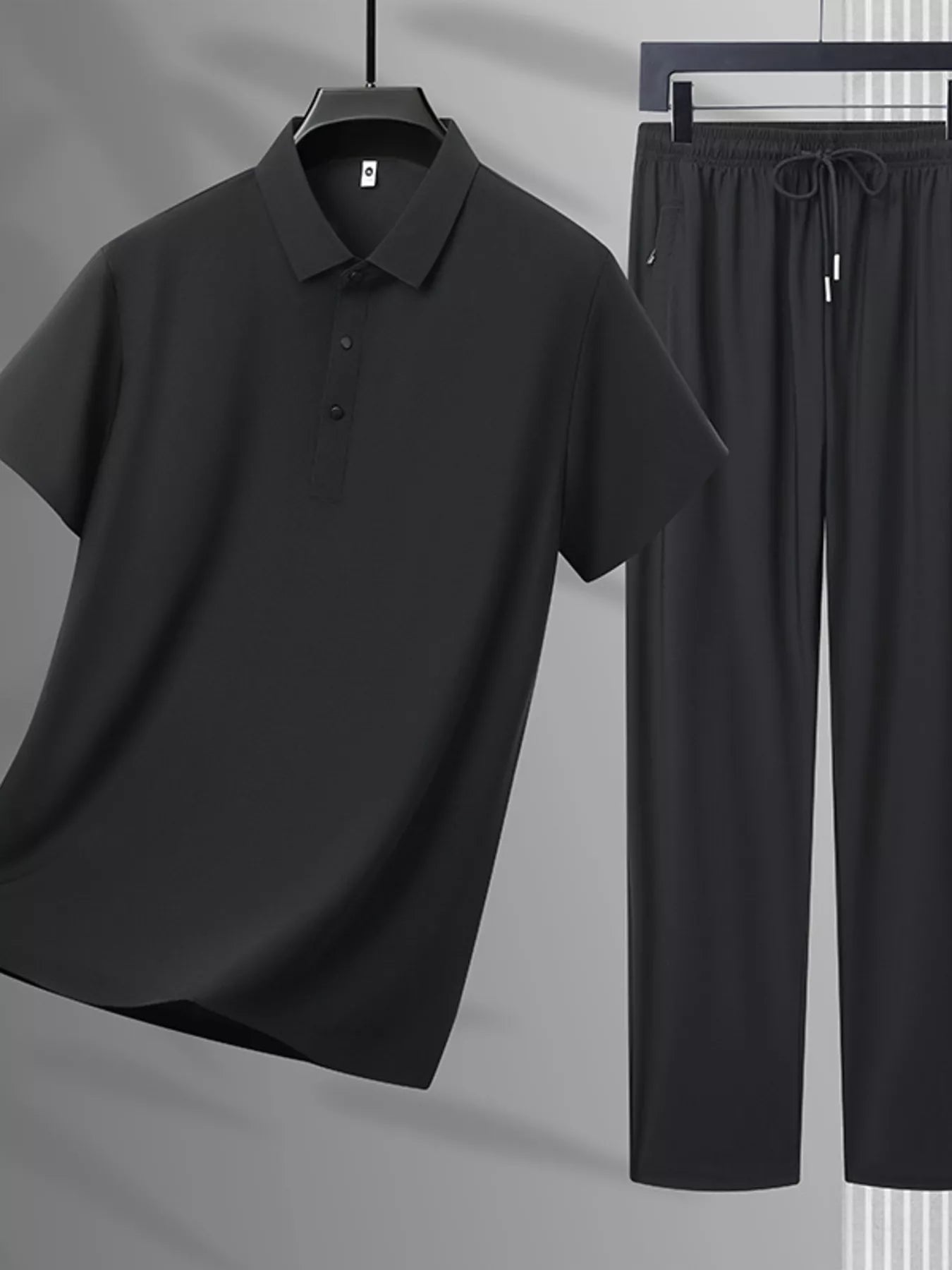 Plus Size Button Detail Polo and Pants Set in Black for Men