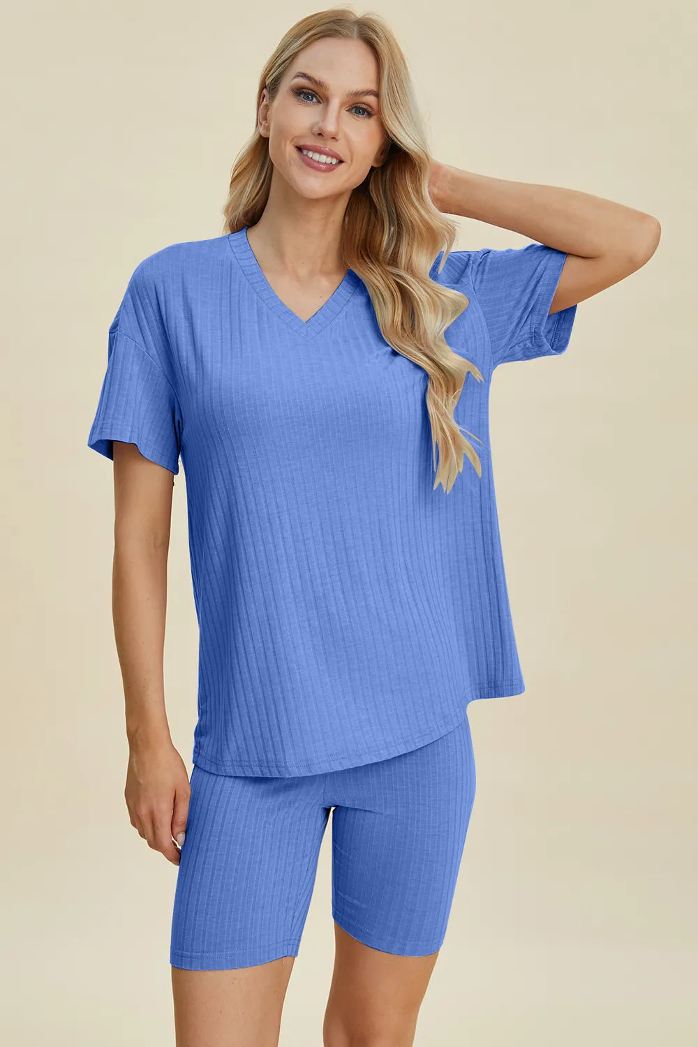 Plus Size Ribbed V-Neck Short Sleeve Top and Shorts Set in Caramel for Women