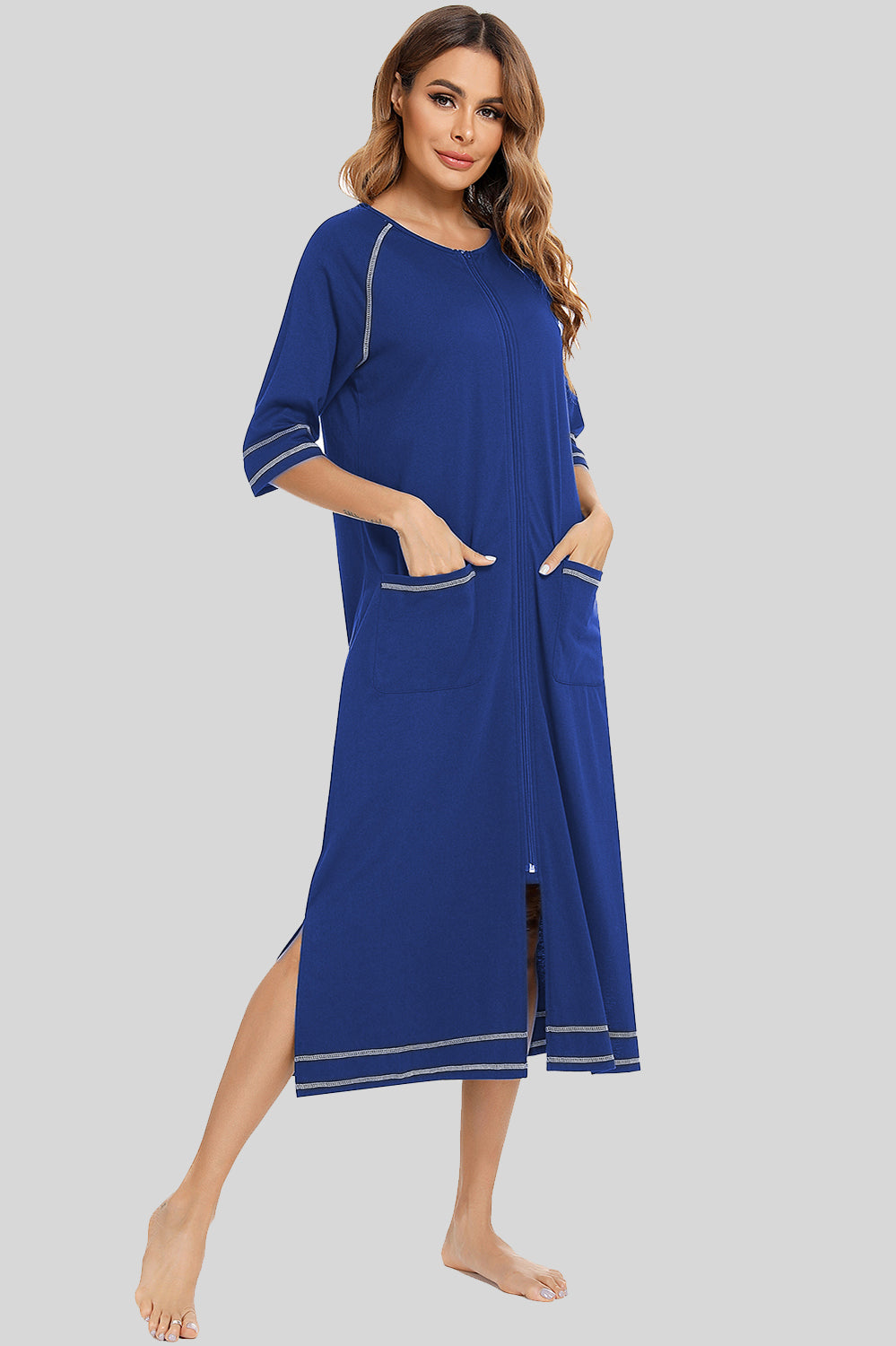 Zip Up Slit Round Neck Night Dress with Pockets in Violet for Women