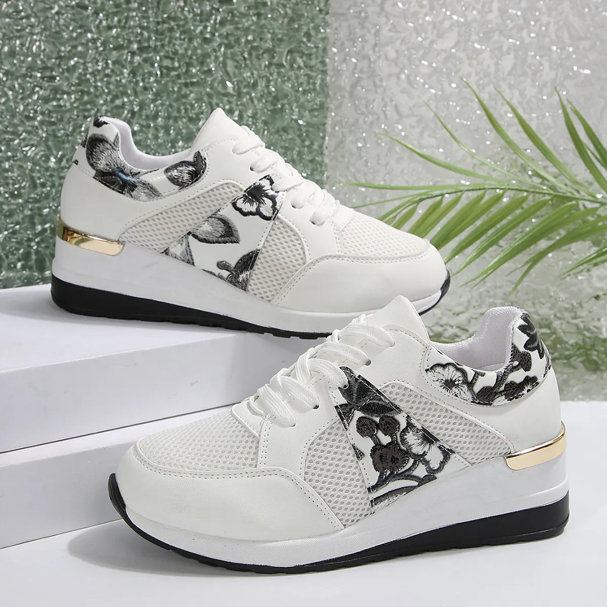 Floral Mesh Wedge Athletic in Black for Women