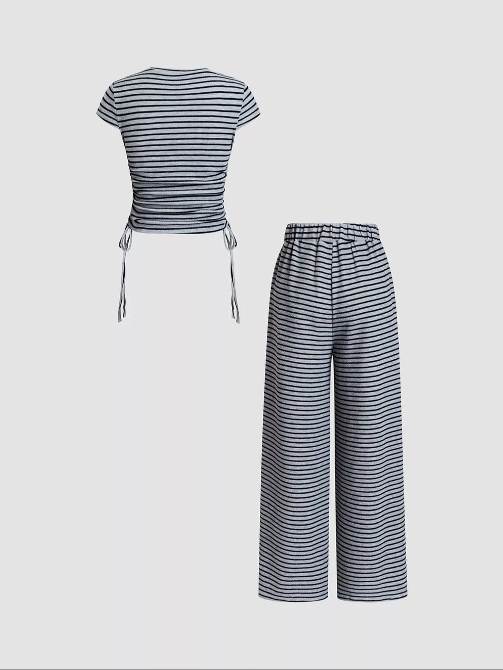 Striped Crop Top and Wide Leg Pants Set in Navy Blue for Women