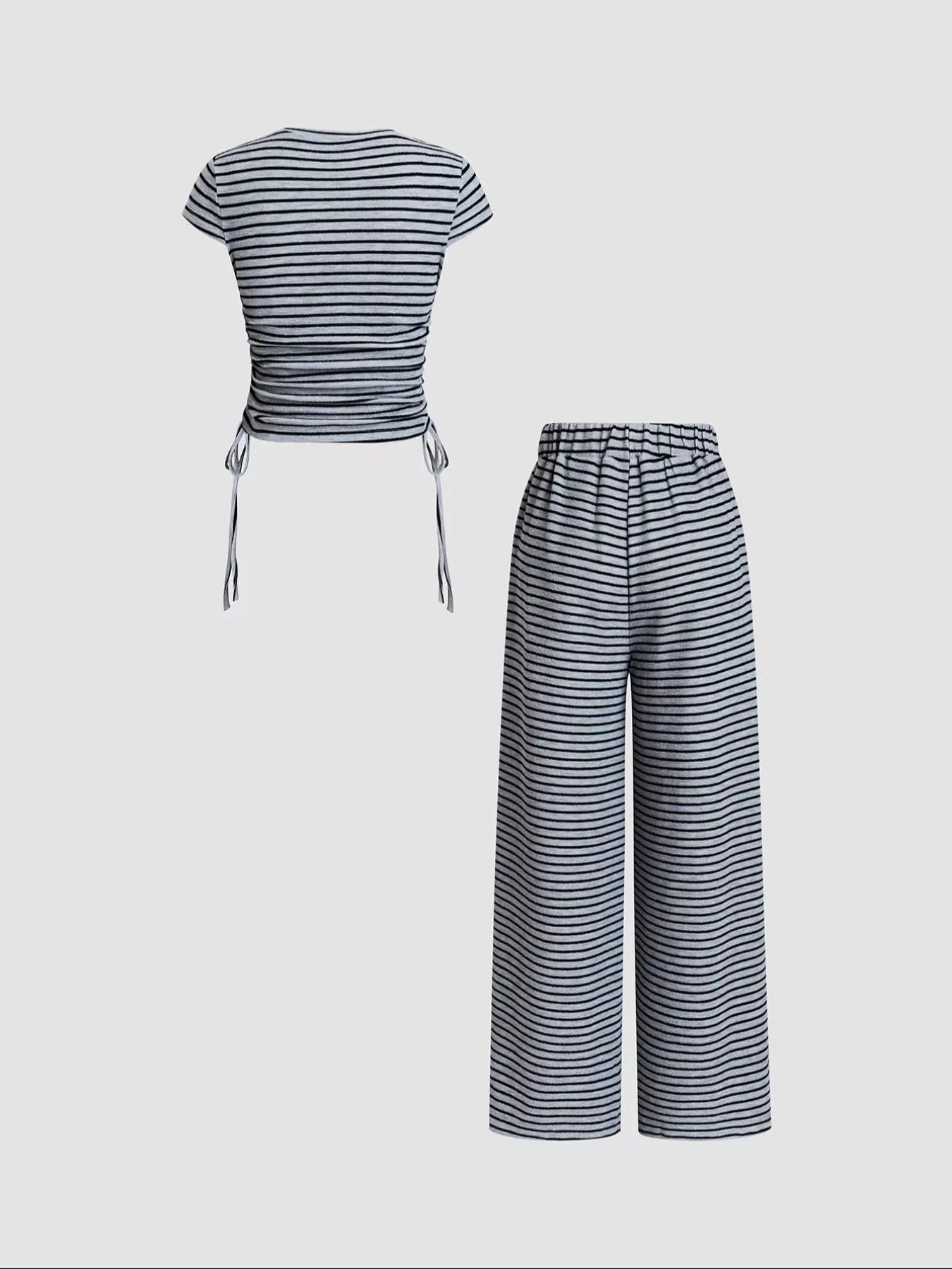 Striped Crop Top and Wide Leg Pants Set in Navy Blue for Women