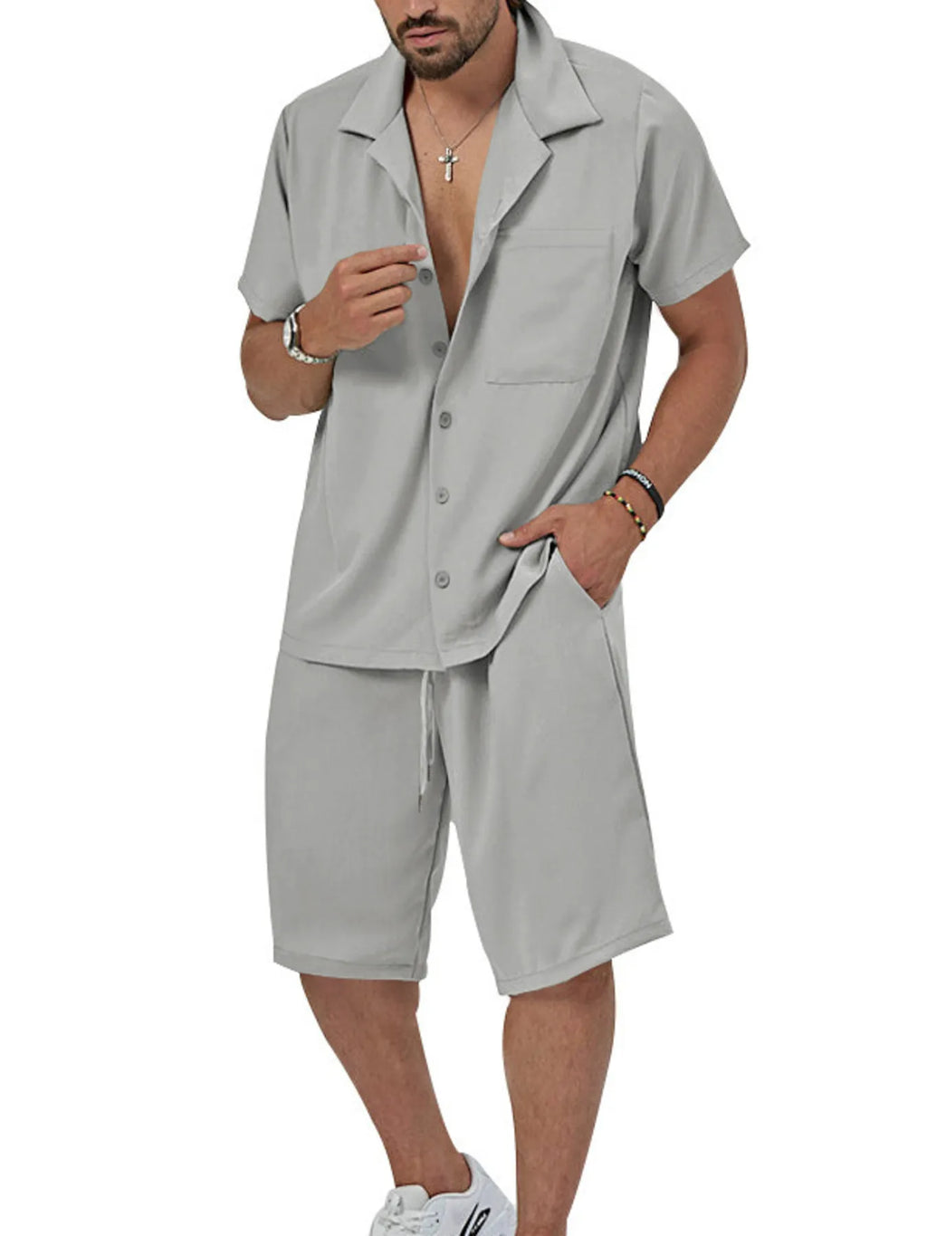 Plus Size Button Up Short Sleeve Shirt and Shorts Set in Military Green for Men