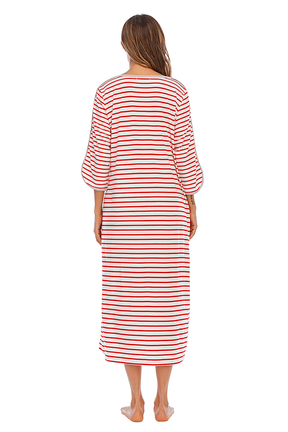 Round Neck Three-Quarter Sleeve Midi Night Dress in Charcoal for Women