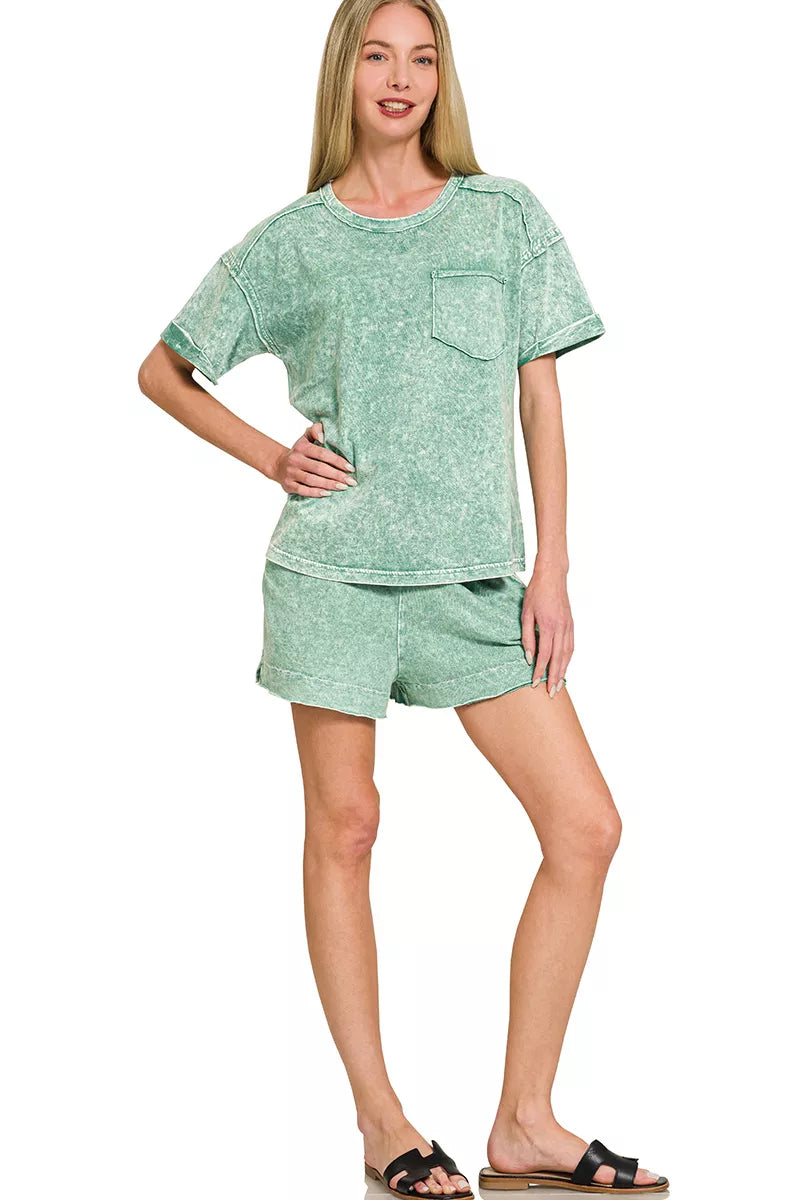 Halo Snow Washed Exposed Seam Top & Shorts Set in Dark Green for Women