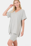 Plus Size V-Neck Short Sleeve Slit T-Shirt and Shorts Set in Light Grey for Women