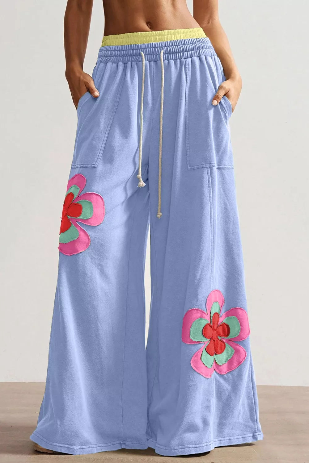Color Block Flower Patchwork Drawstring Contrasted Elastic Waist Wide Leg Pants in Light Blue for Women