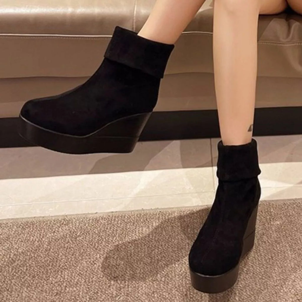 Round Toe Wedge Boots in Black for Women