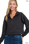 Scuba Half Zip Pullover with Kangaroo Pockets in Black for Women