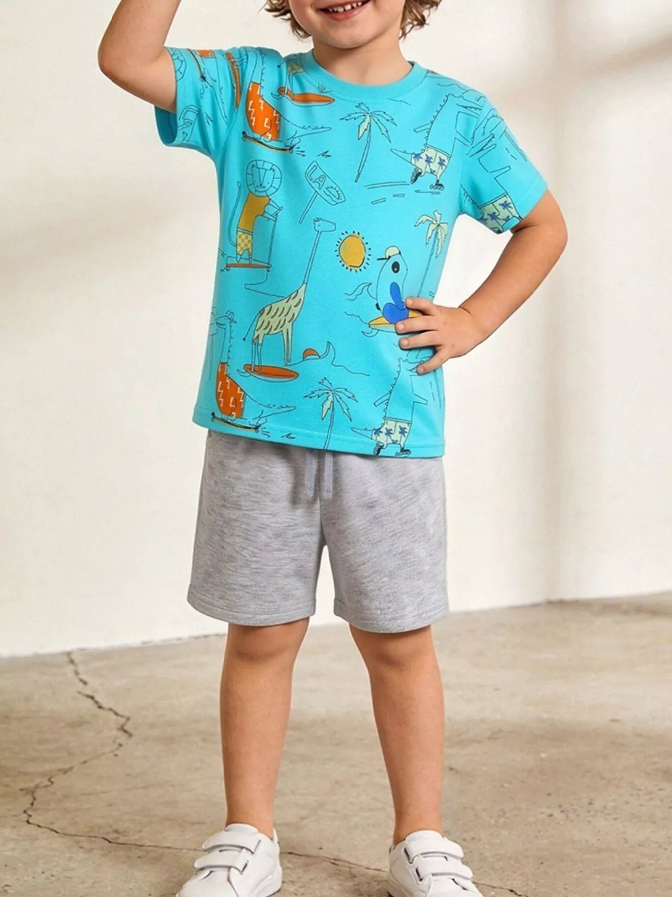 Animal Print Tee and Shorts Set in Aqua for Boys