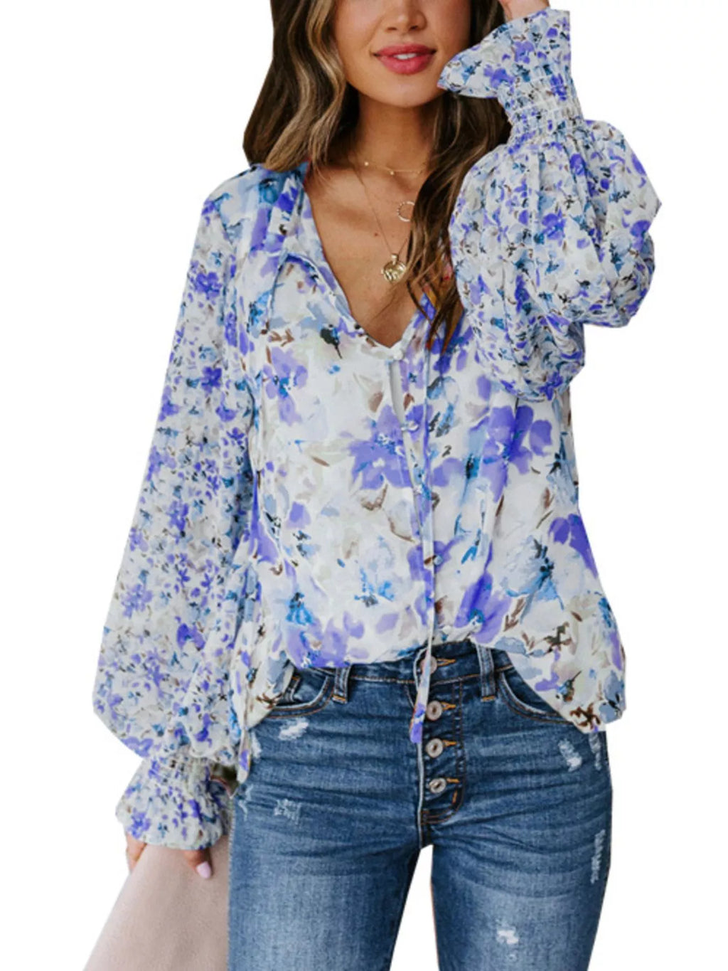 Floral Print Smocked Cuff Blouse Plus Size in Rose Red for Women