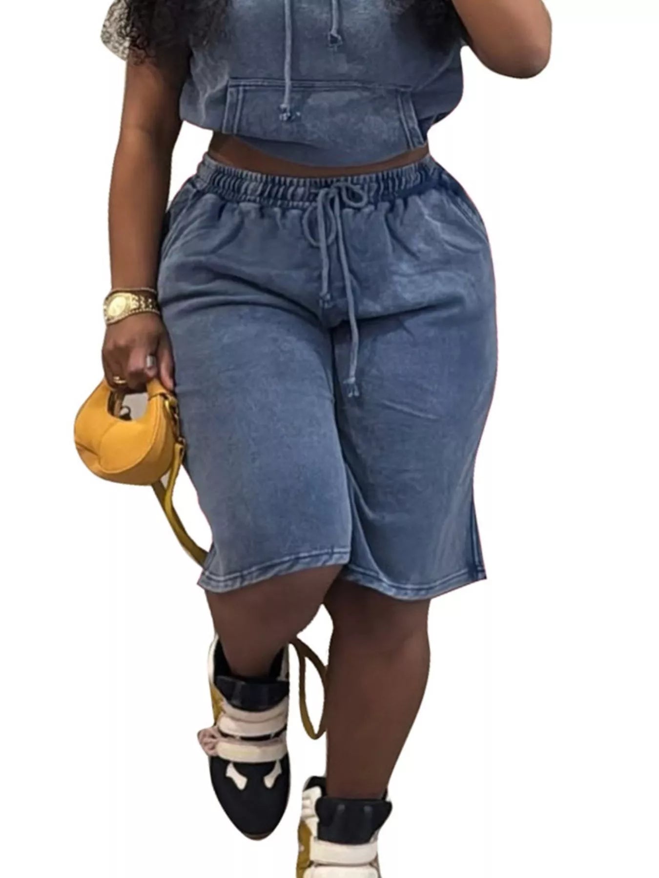 Hooded Crop Top and Shorts Set in Blue for Women