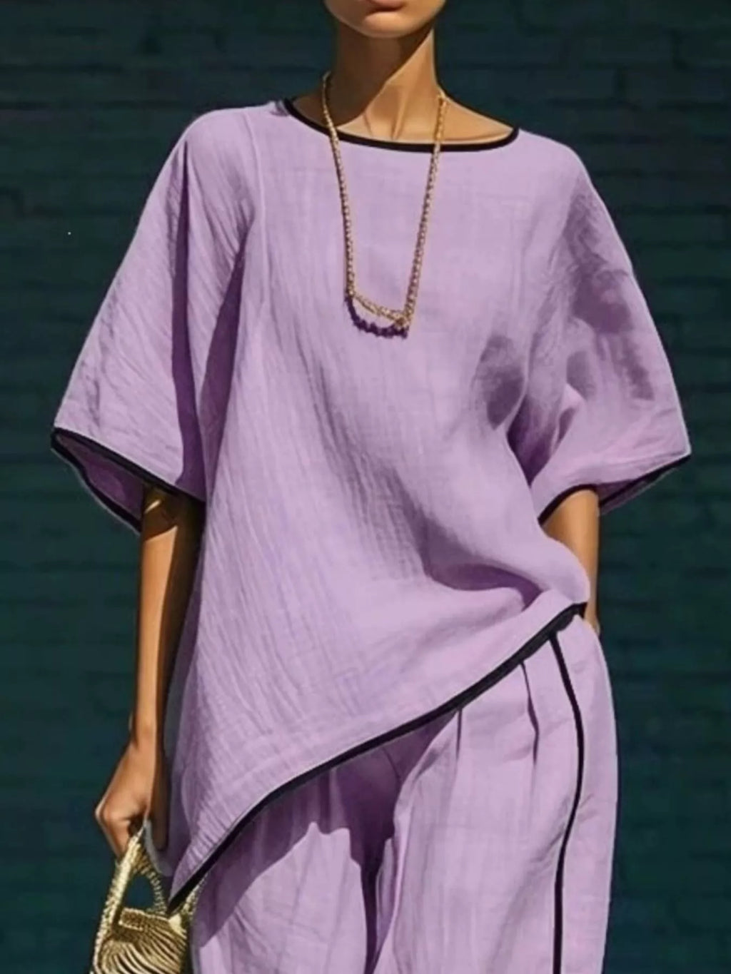 Contrast Trim Round Neck Top and Pants Set in Sky Blue for Women