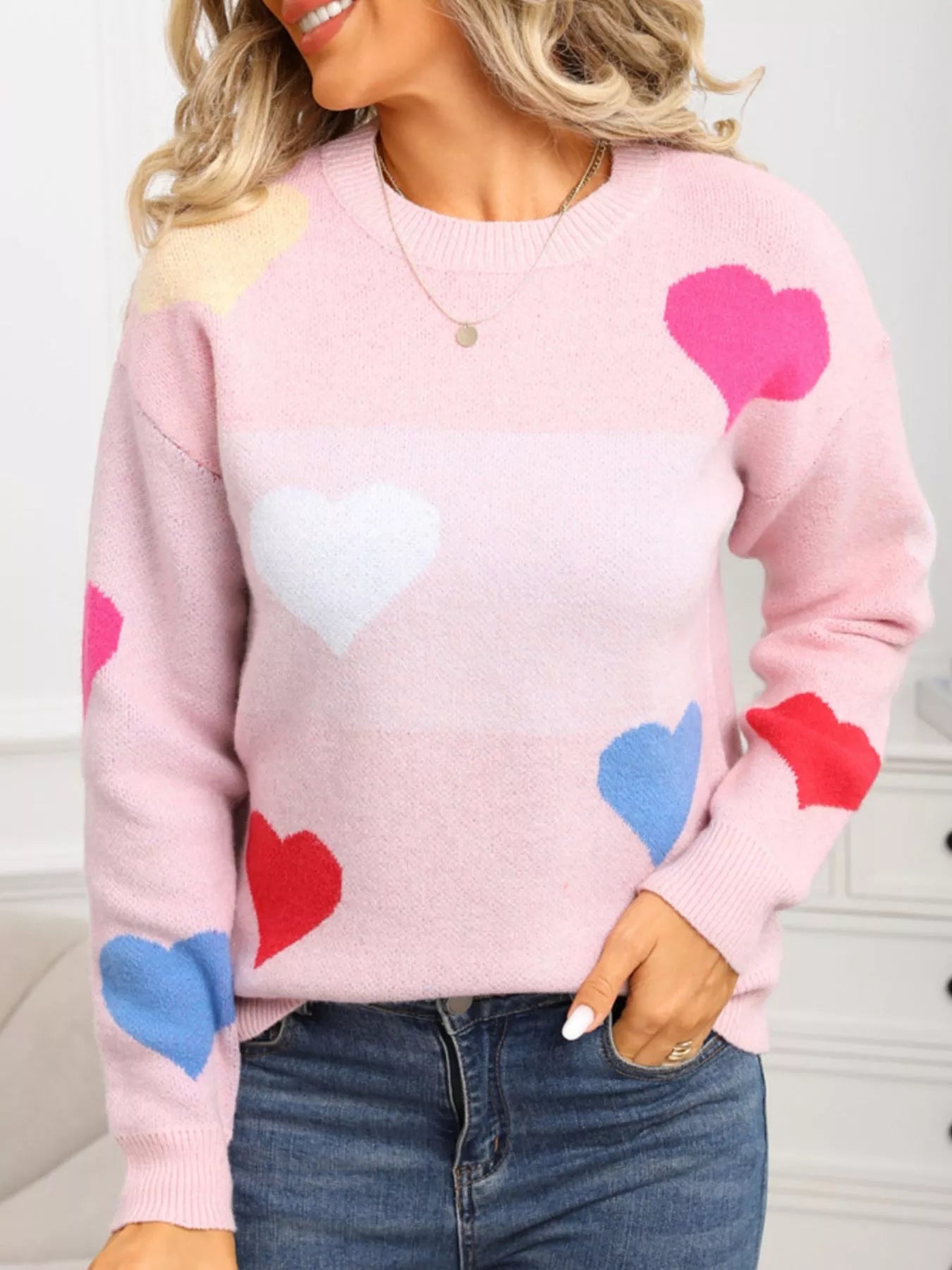Valentines Day Heart Round Neck Dropped Shoulder Sweater in Pink for Women