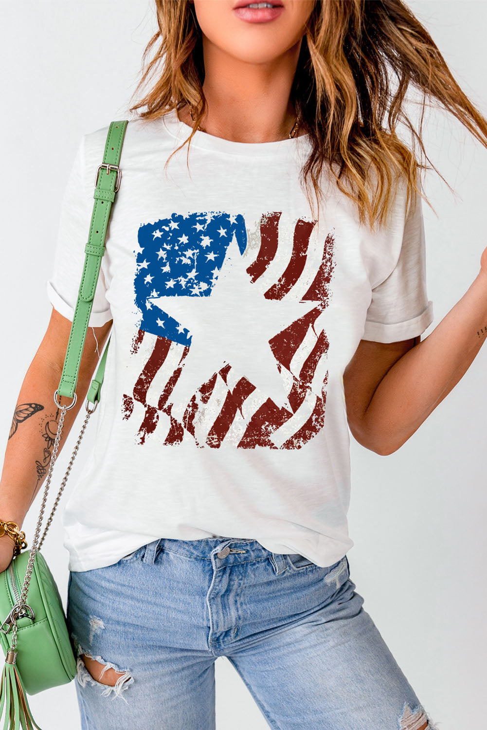Us Flag Graphic Round Neck Tee in White for Women